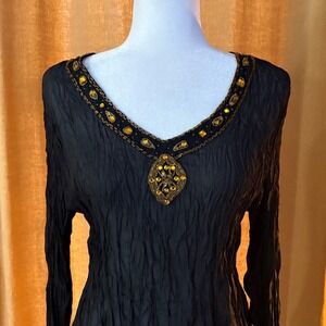 Vtg 90s/00s Worthington Black Beaded V-Neck Crinkle Shimmer Blouse Long Sleeve